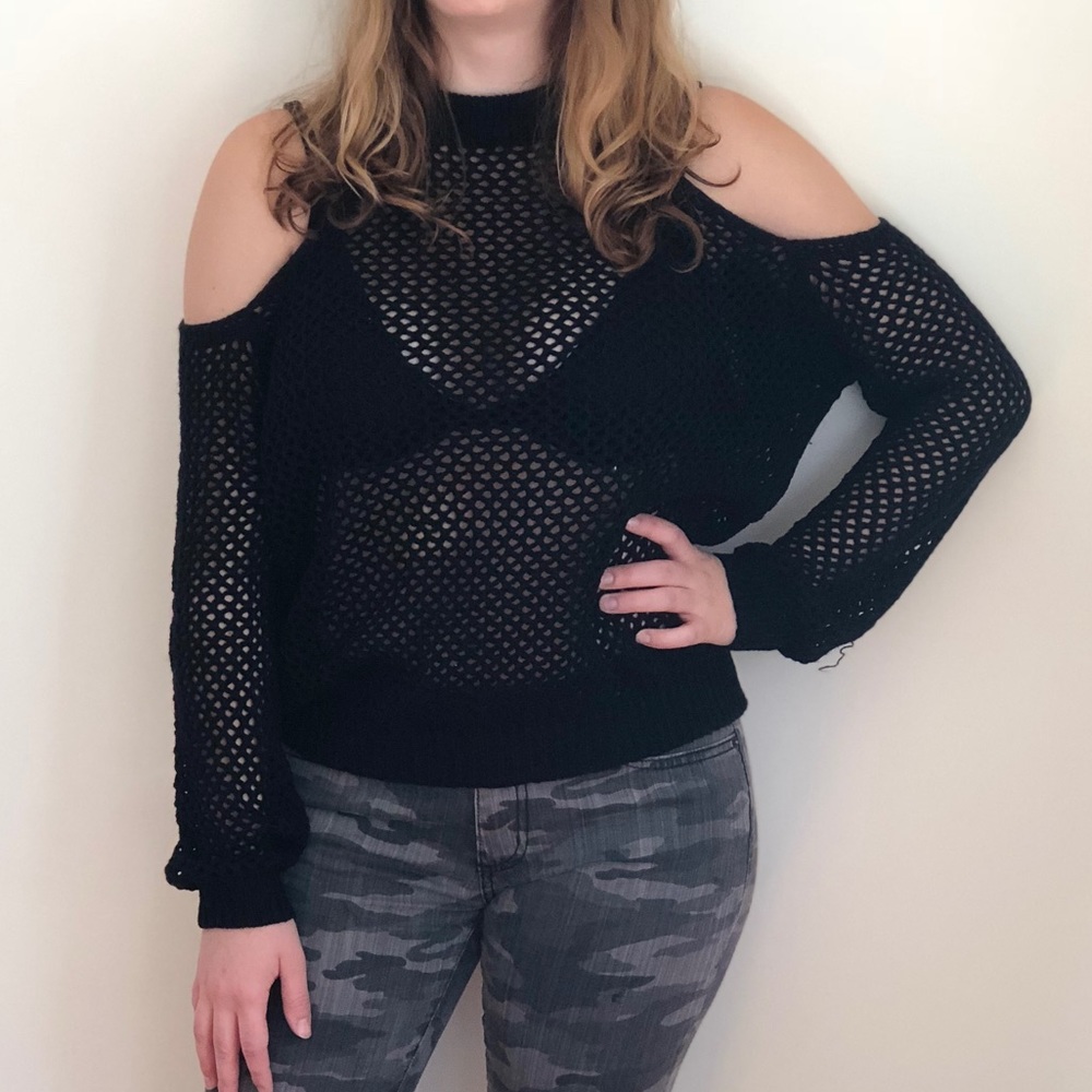 LF black mesh crochet sweater